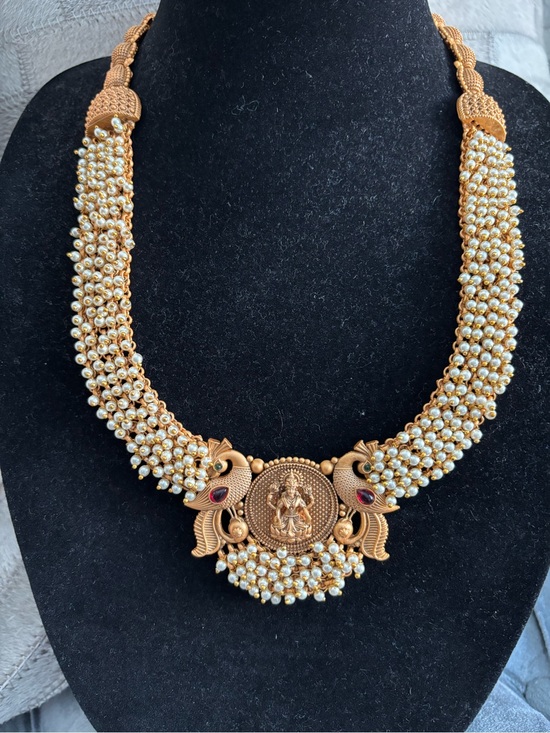 Jewelry - Gold and White Pearl Temple Necklace with Deity Motif